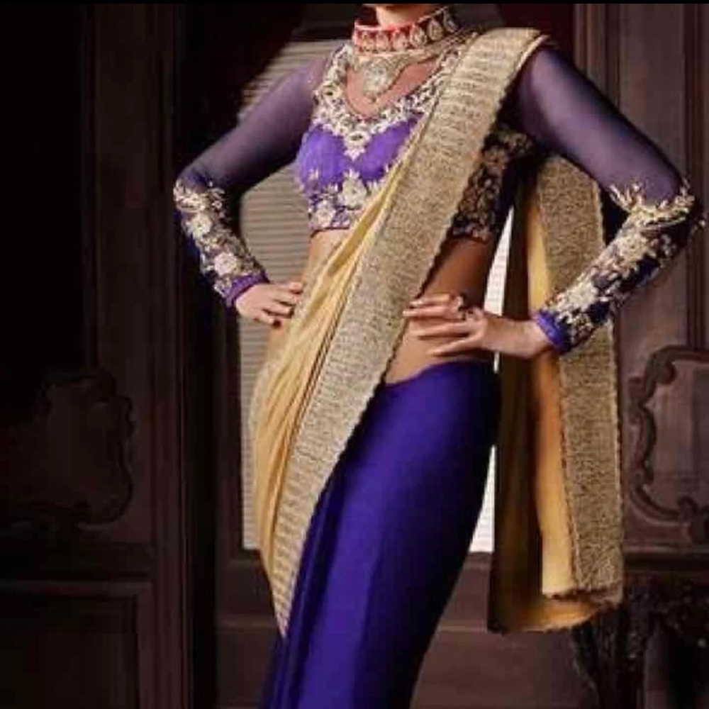 New Dark purple golden beige shaded net saree. - Picture 1 of 14